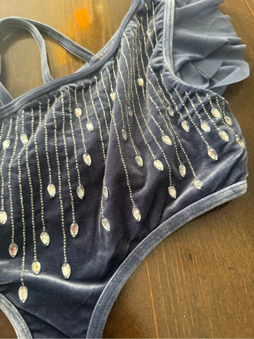 Weissman Dusty Blue Velvet One-Piece Dance Costume with Bead Embellishments